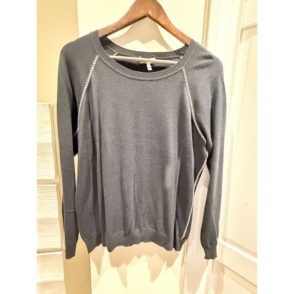 Joie Womens Black Crew Neck Sweater Chain Stitch Raglan Long Sleeve Size L